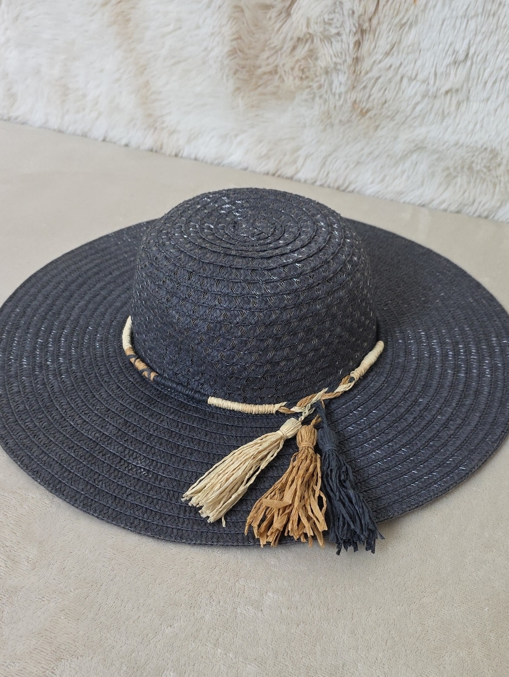 Black Wide Brim Sun Hat with Braided Band & Tassels One Size